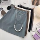 Plain Faux Leather High-waist Skirt With Faux Pearl Bag