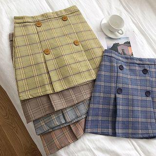 Color-block Plaid Double-breasted High-waist A-line Skirt