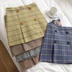 Color-block Plaid Double-breasted High-waist A-line Skirt