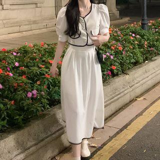 Short-sleeve Buttoned Blouse / Midi A-line Skirt