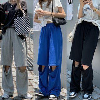 Elastic Waist Distressed Wide Leg Pants
