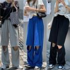 Elastic Waist Distressed Wide Leg Pants