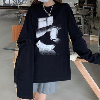 Long-sleeve Print Detachable T-shirt Black - One Size