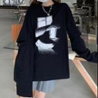 Long-sleeve Print Detachable T-shirt Black - One Size