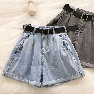 Plain Waist Roll-up Wide-leg Shorts With Belt