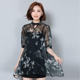 Elbow-sleeve Floral Chiffon Tunic