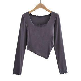Long-sleeve Scoop-neck Irregular Cropped T-shirt