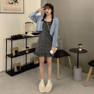 Floral Print Slim-fit Mini Skirt + Cropped Knit Cardigan
