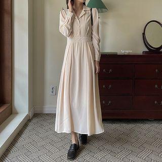 Notch-collar Flared Long Shirtwaist Dress With Sash