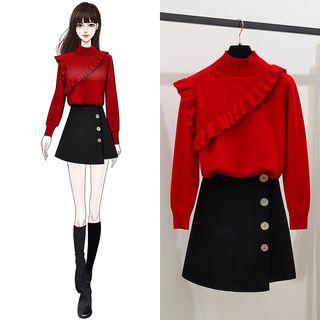 Ruffle Long-sleeve Knit Top / Buttoned Mini A-line Skirt / Set
