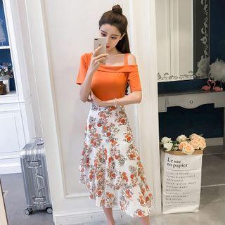 Set: Cutout Shoulder Short-sleeve T-shirt + Flower Print Midi Skirt