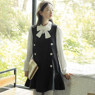 Set: Bow Accent Shirt + Double Breasted Sleeveless Dress