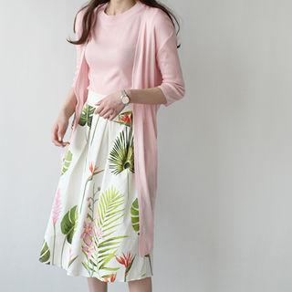 Open-front Elbow-sleeve Long Cardigan