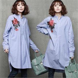 Half-placket Floral Embroidered Stripe Shirt