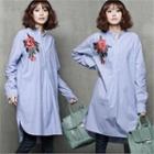 Half-placket Floral Embroidered Stripe Shirt