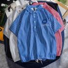 Pinstriped Short-sleeve Half-button Drawstring-hem Shirt