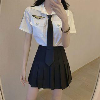 Short-sleeve Badge Embroidered Shirt / Neck Tie / Pleated A-line Skirt / Set