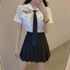 Short-sleeve Badge Embroidered Shirt / Neck Tie / Pleated A-line Skirt / Set