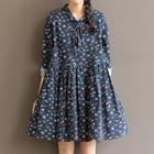 Long-sleeve Tie-neck Printed A-line Dress