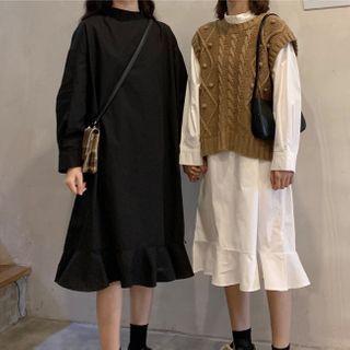 Plain Ruffle Trim Long Sleeve Dress / Vest