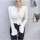 V-neck Plain Button-up Split Cropped Top