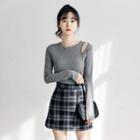 Set: Cut-out Long-sleeve T-shirt + Pleated Mini A-line Skirt