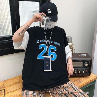 Mock Two-piece Elbow-sleeve Number Print T-shirt As Shown In Figure - One Size