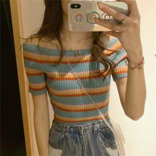 Short-sleeve Striped Knit Top Stripes - Light Blue & Pink & Yellow & Tangerine - One Size