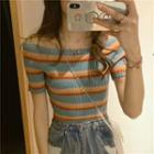 Short-sleeve Striped Knit Top Stripes - Light Blue & Pink & Yellow & Tangerine - One Size