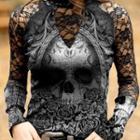 Long-sleeve Lace Panel Skull Print T-shirt