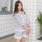 Set: Elbow-sleeve Off Shoulder Striped Top + Skort
