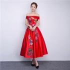 Embroidered Off-shoulder Midi Evening Dress