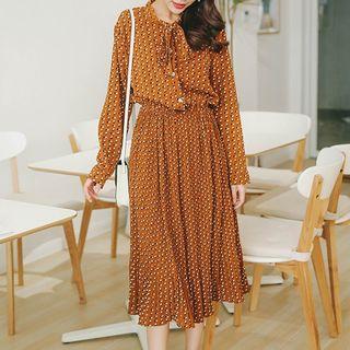 Print Bow Long-sleeve Chiffon Dress