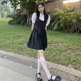 Mock Two-piece Short-sleeve Plain Shirt + Pleated Overall Dress