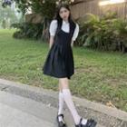 Mock Two-piece Short-sleeve Plain Shirt + Pleated Overall Dress