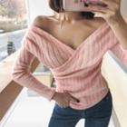 Plunge-neck Wrapped Rib-knit Top