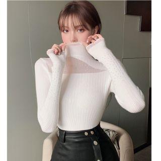 Mock-neck Rhinestone Mesh Panel Knit Top