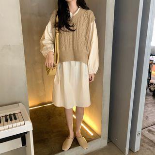 Plain Long-sleeve Dress / Cable Knit Vest