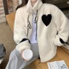 Heart Embroidered Fluffy Zip Jacket