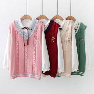 Set: Long-sleeve Ribbon Accent Blouse + Sweater Vest