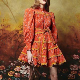 Long-sleeve Tie-waist Floral Print Mini A-line Dress