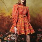Long-sleeve Tie-waist Floral Print Mini A-line Dress