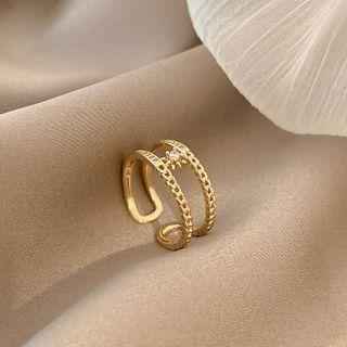 Rhinestone Layered Alloy Open Ring J315 - Gold - One Size