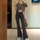 Short-sleeve Fluffy Cropped Sweater / High Waist Flared Pants