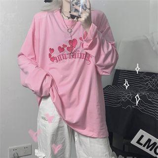Lettering Heart Embroidered Long-sleeve T-shirt Pink - One Size