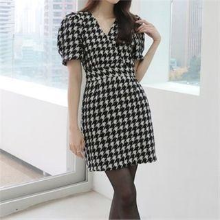 V-neck Puff-sleeve Houndstooth Mini Dress