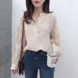 Plain Split-neck Long-sleeve Blouse