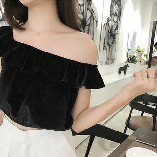 Ruffle Trim Off-shoulder Short-sleeve Cropped Top
