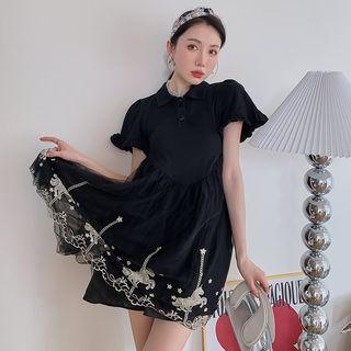 Embroidered Mesh Mini A-line Dress