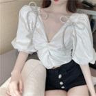 Bow Accent Puff-sleeve Blouse White - One Size